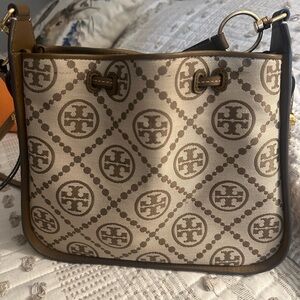 Tory Burch Beige Logo-Print Canvas Shoulder Bag with Brown Trim